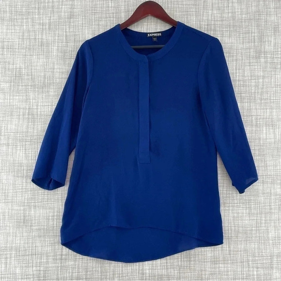 Express 3/4 Sleeve 1/2 zip blue chiffon Blouse women's SP  8727/b - Picture 1 of 9